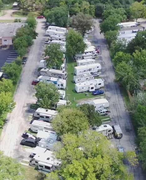 Aerial view of RV park with clear pull-through access lanes