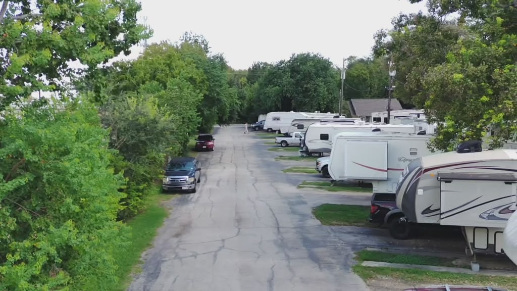 Ground-level view of paved road through RV park with trees and parked rigs